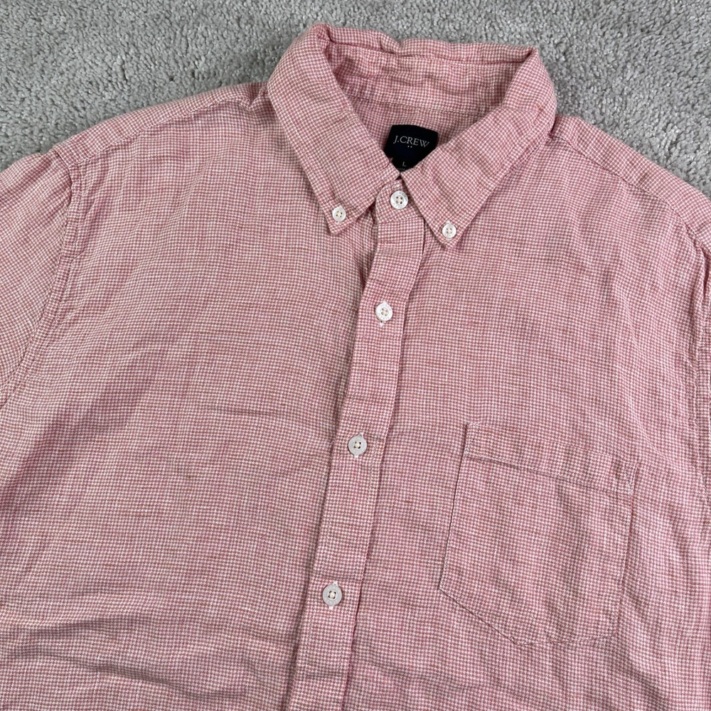 J Crew Shirt Mens Large Pink Houndstooth Linen Blend Short Sleeve Casual Coastal